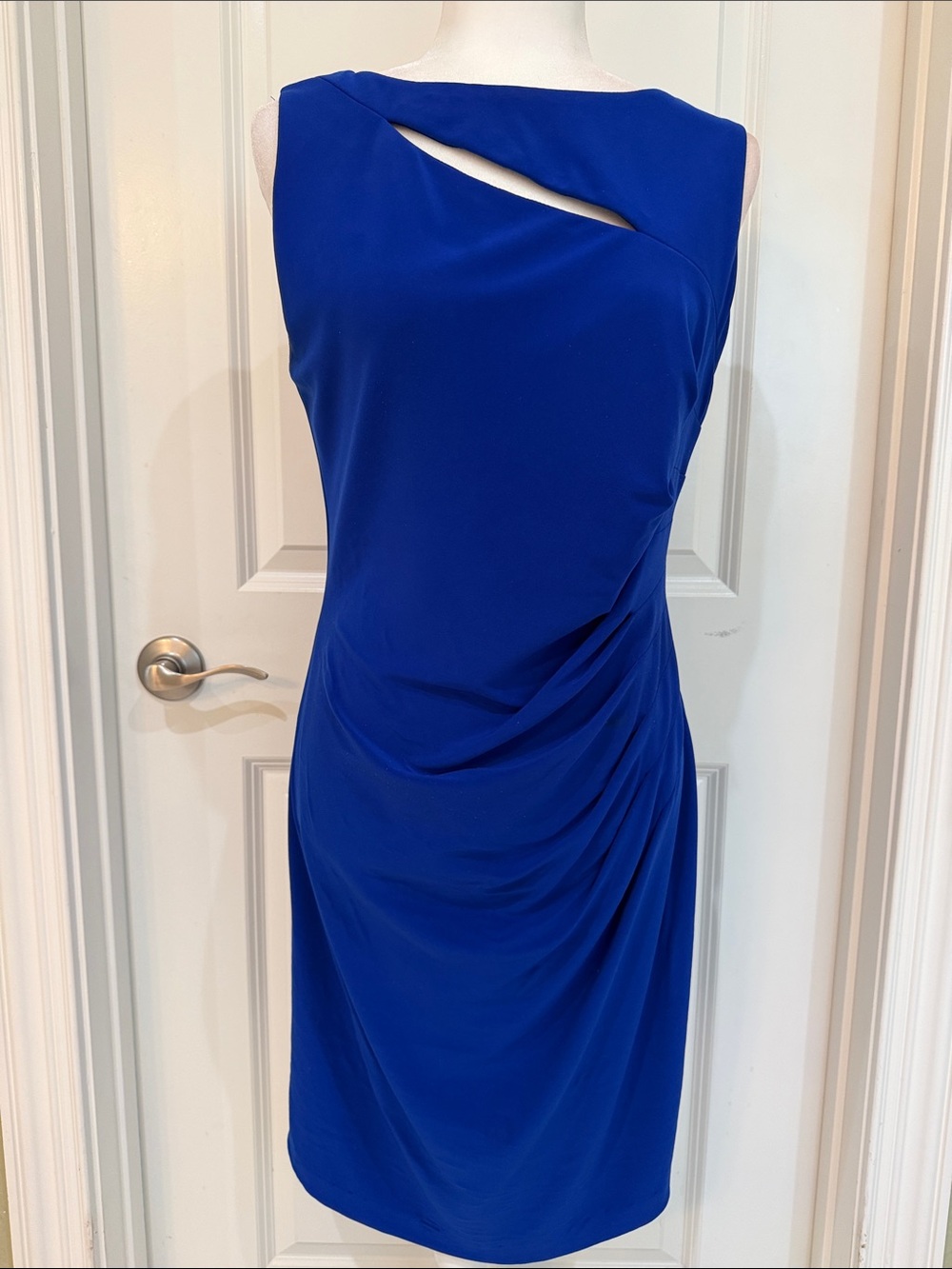 Joseph Ribkoff Royal Blue One-Shoulder Sheath Dress with Front Cutout